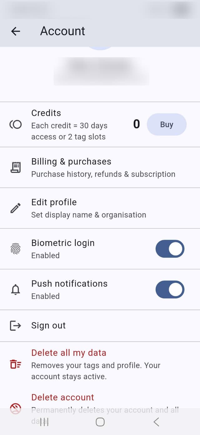 Account settings screen