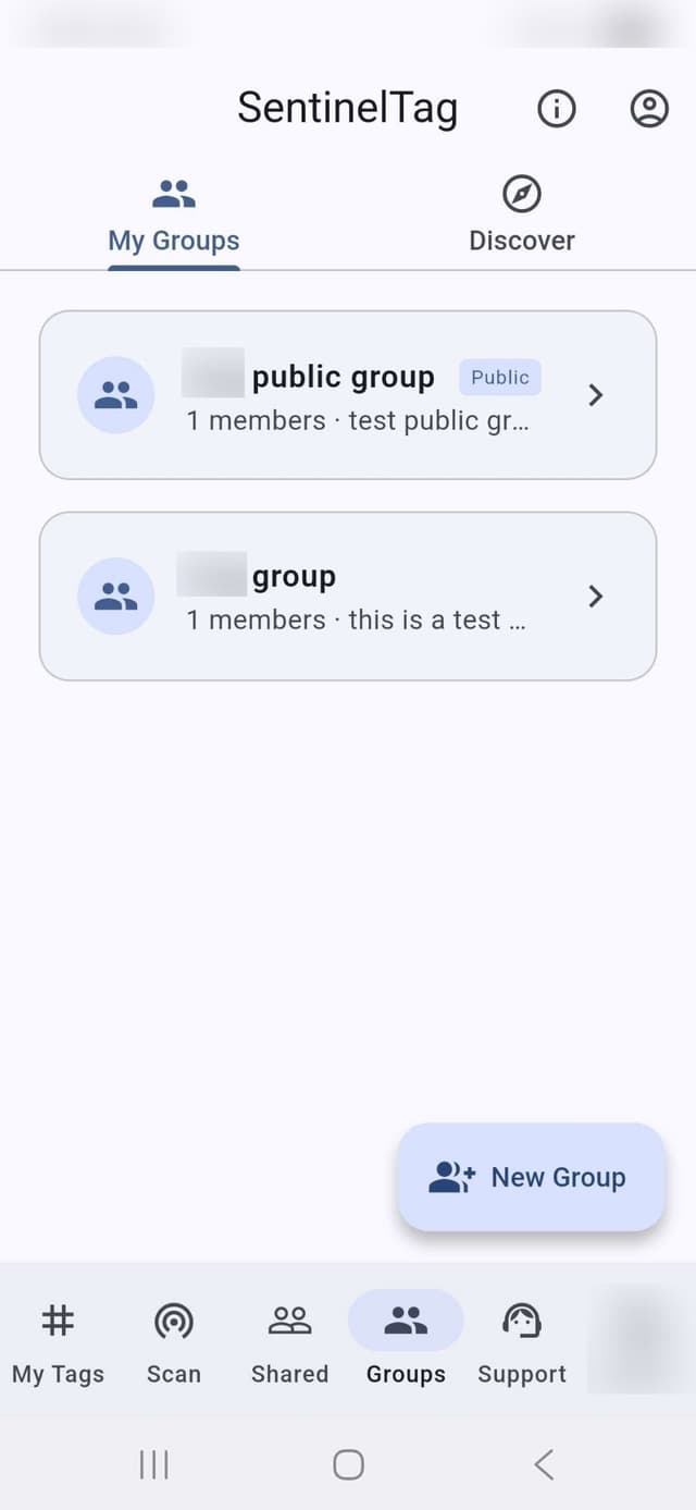 Groups list screen showing existing groups