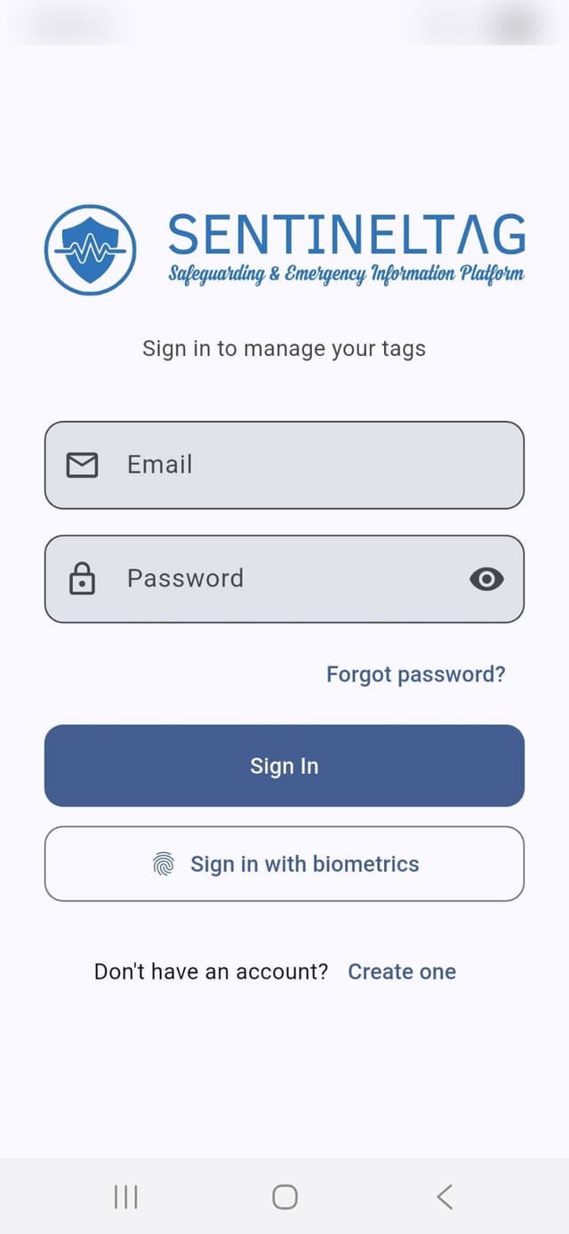 SentinelTag login screen