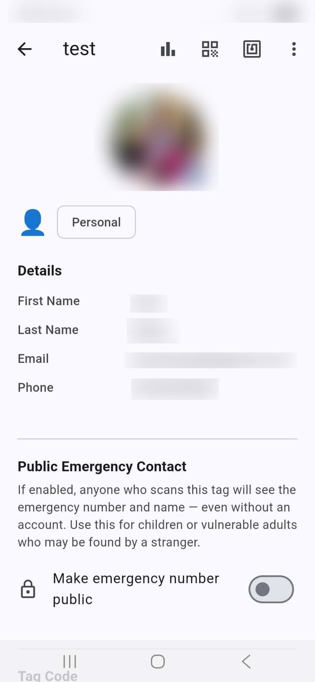 Tag details form showing personal information fields