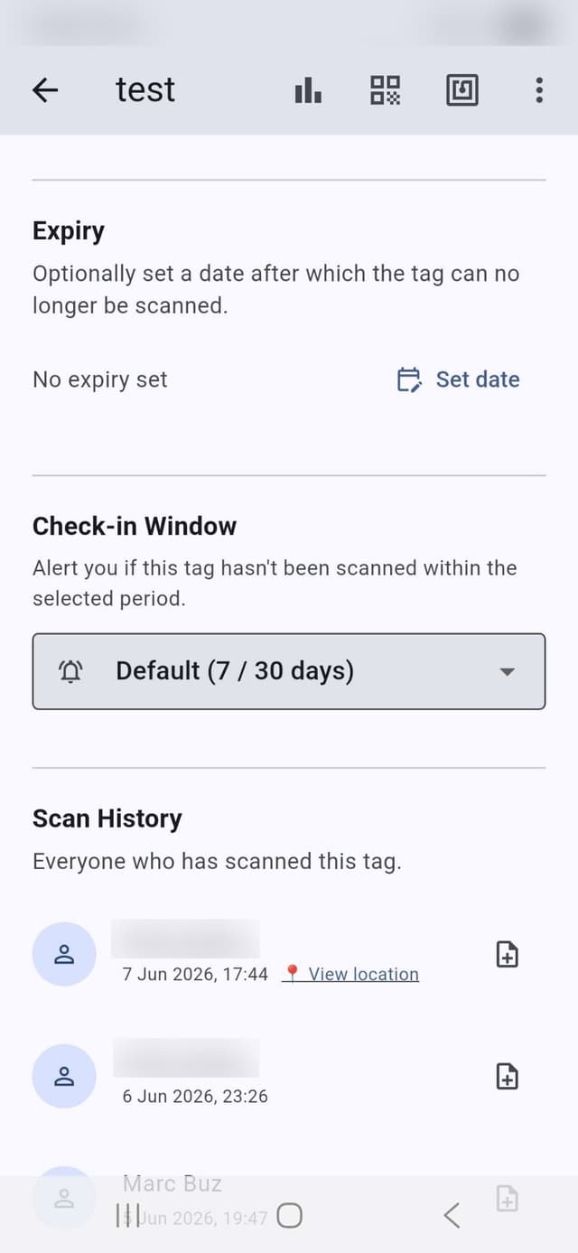 Scan history list showing who accessed the tag and when