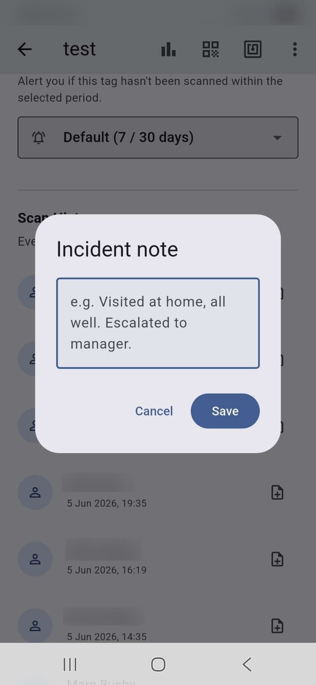 Incident note form for recording a safeguarding event